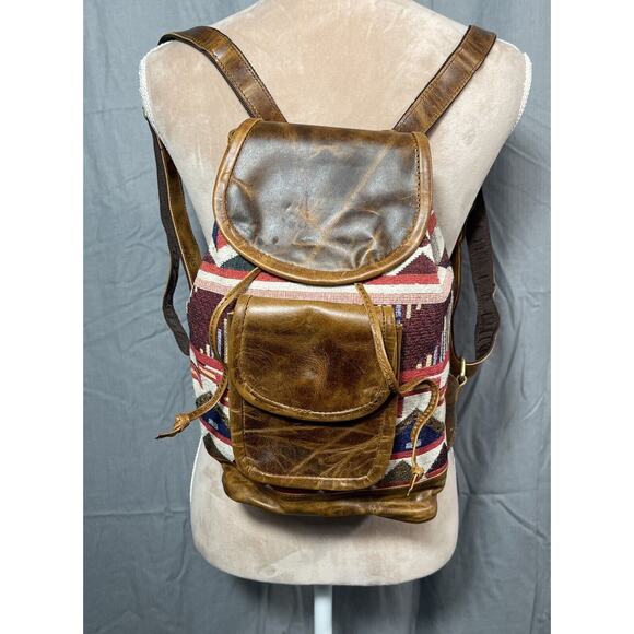 NEW S 13x9x4" Tan Genuine‎ Leather Aztec Fabric Backpack Bag Pocketbook Western - Picture 1 of 12